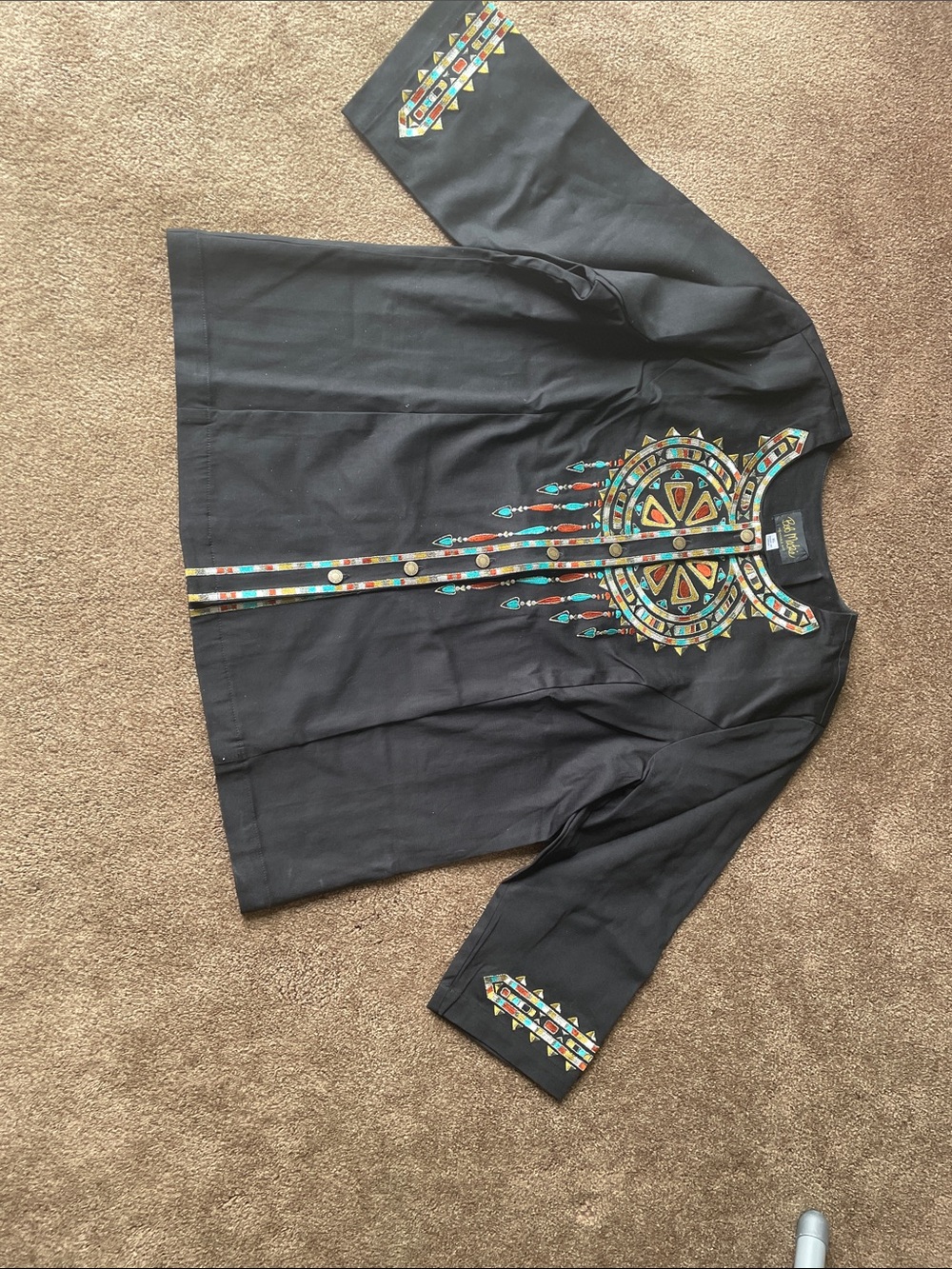 Bob Mackie Black Button-Down Shirt with Turquoise & Gold Embroidery